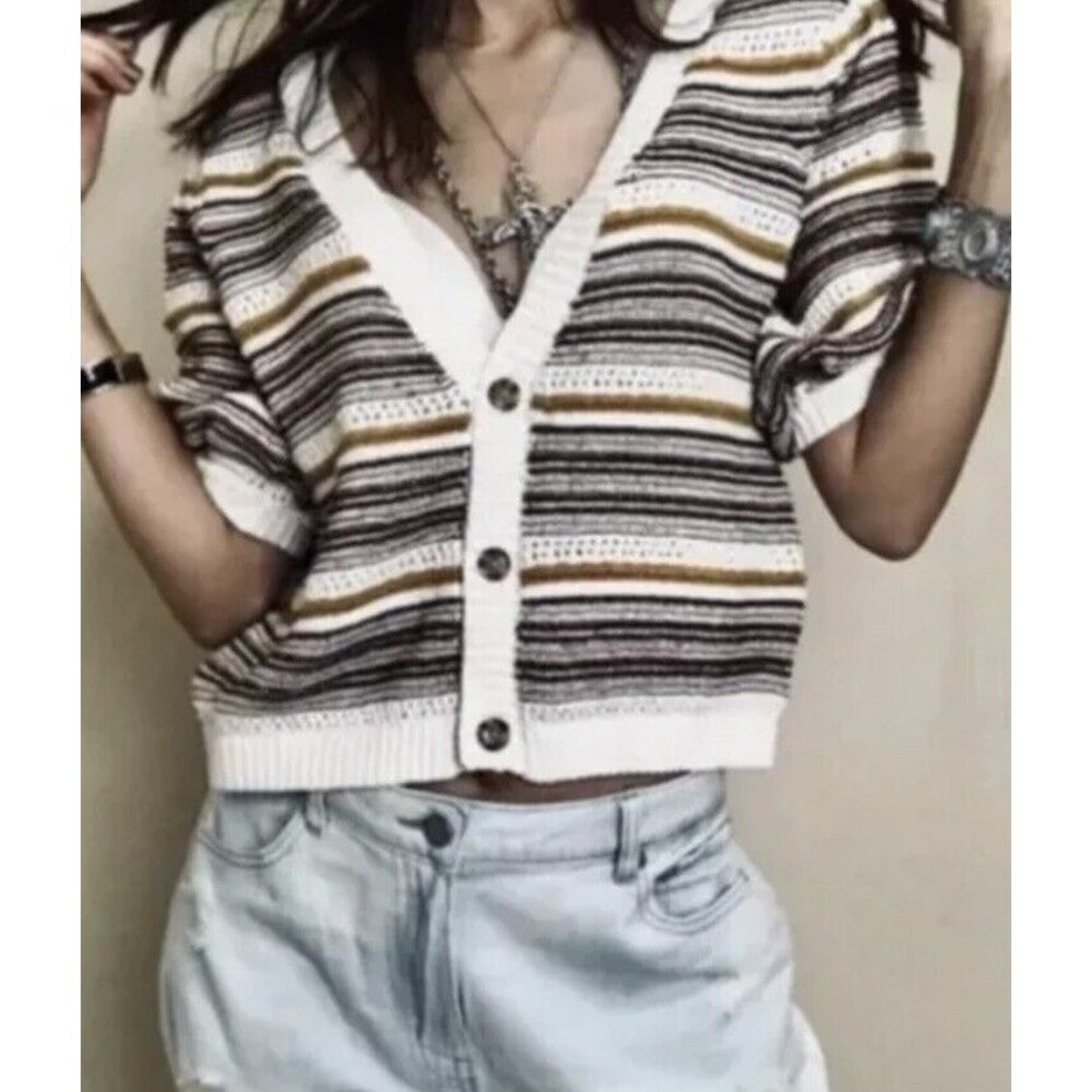 House of Harlow 1960 Cardigan Womens Small‎ Stripe Puff Sleeve Cropped Sweater